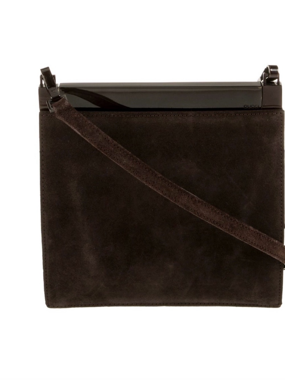 Gucci Dark Chocolate Brown Suede Shoulder Cross Body Bag with Glossy Top Trim